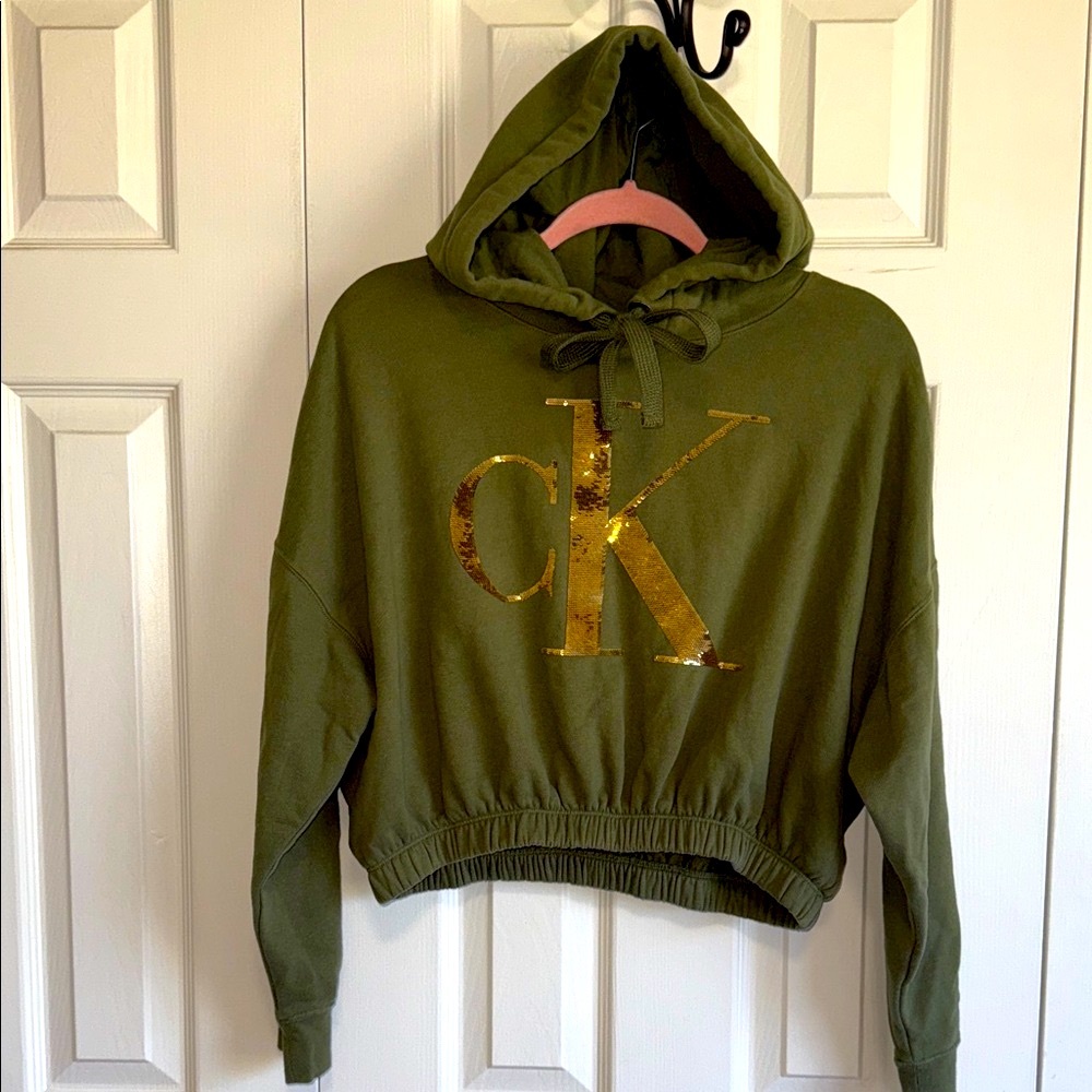 NWOT-Calvin Klein Olive Green Hoodie with Gold sequin Logo. L